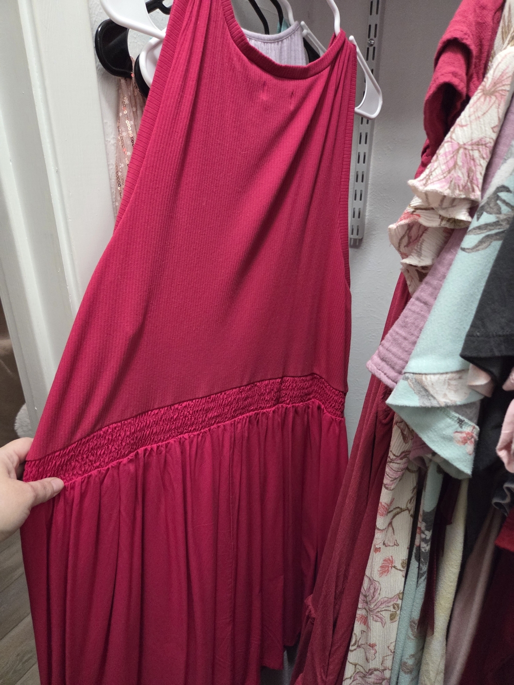 Sleeveless Midi Dress in Bright Pink with Shirred Waist